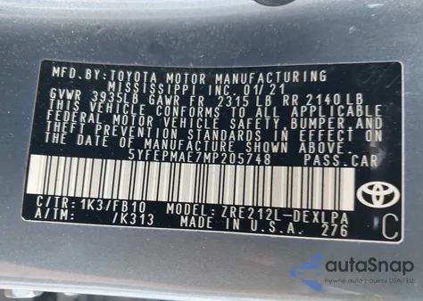 2021 Toyota Corolla Le из США, поврежденный, VIN 5YFEPMAE7MP205748